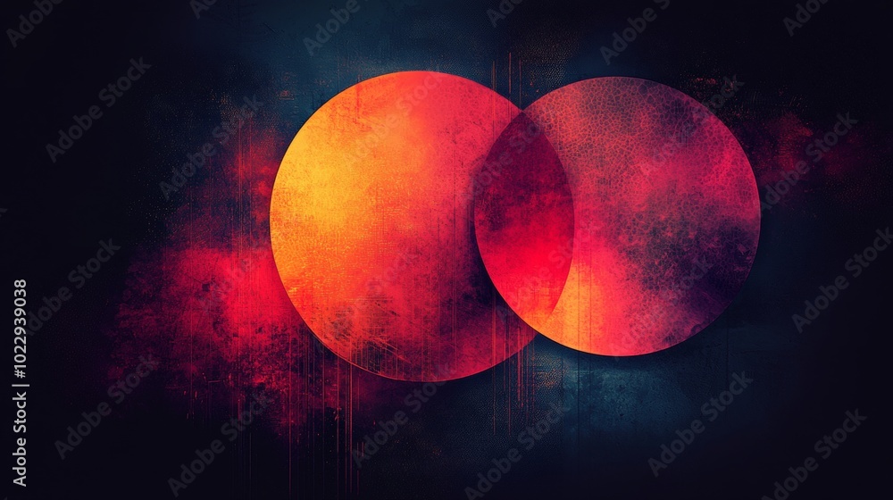 Poster two grunge textured circles are overlapping, creating a venn diagram effect, on a dark textured back