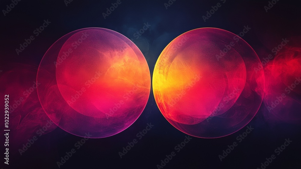 Poster abstract image with two glowing spheres partially overlapping creating a bright center area and wisp