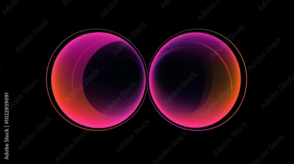 Poster two glowing spheres with orange and pink gradients are joining on a black background, creating a mod