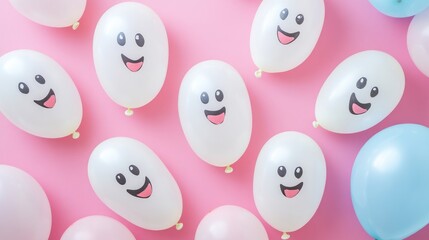 Happy faced ghosts made from balloons arranged in a flat lay composition