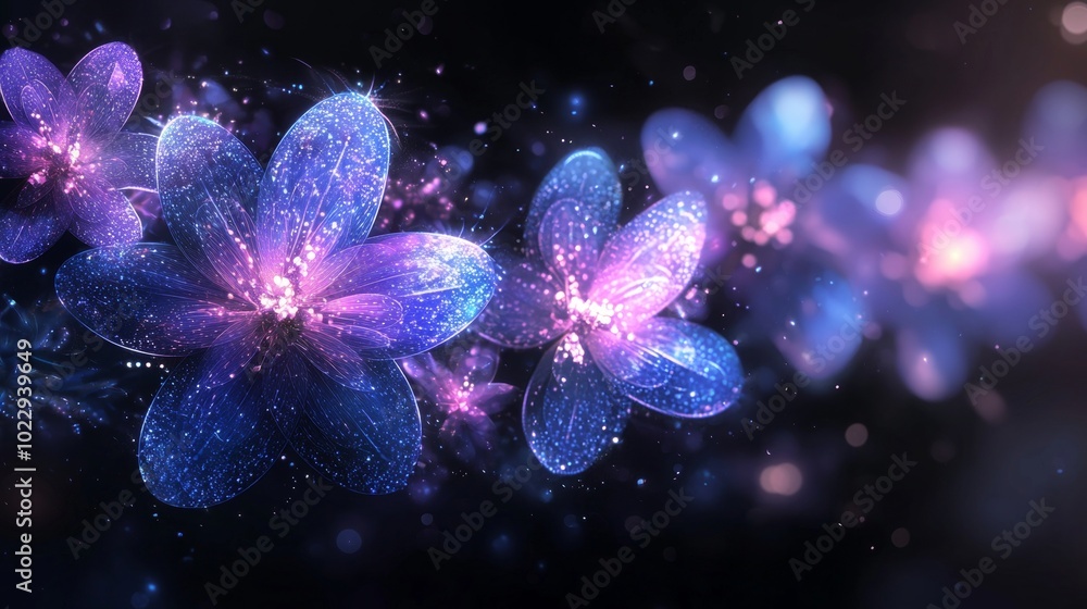 Poster Mesmerizing blue and pink flowers glow on dark background with bokeh lights, creating enchanting scene perfect for design projects