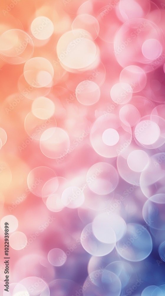 Poster blurred bokeh circles create a colorful abstract background with pastel hues, perfect for festive de