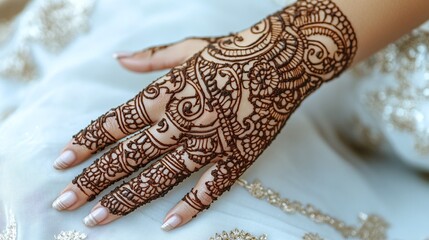 A close-up of an intricate henna design on a woman's hand