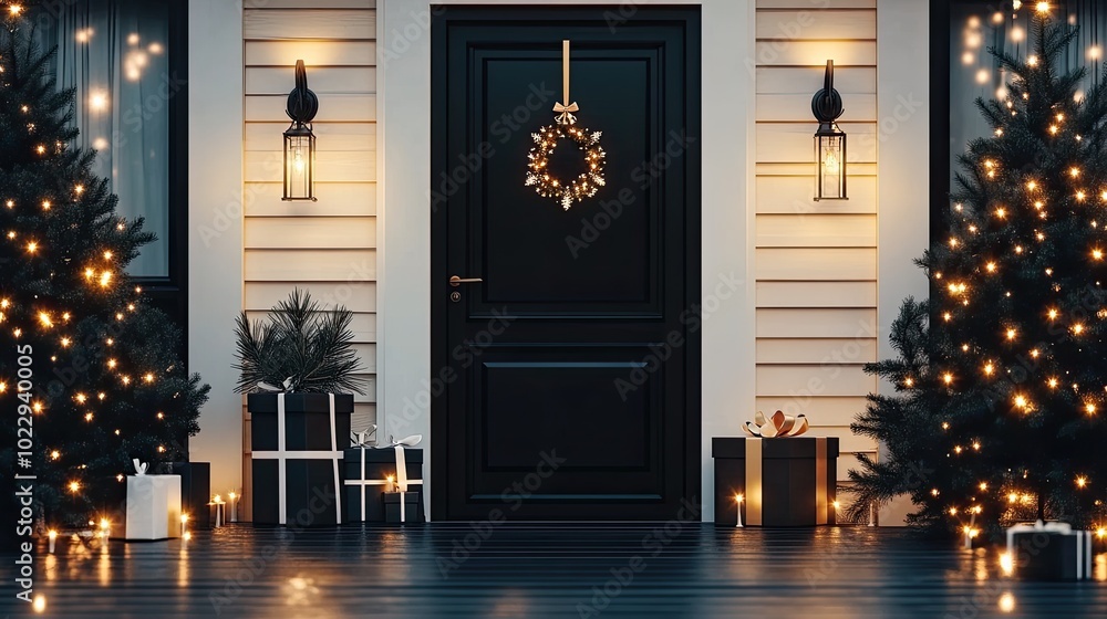 Sticker The black door features a vibrant Christmas wreath and a lighted garland above it, enhancing the festive atmosphere of the hallway decked with gold ornaments