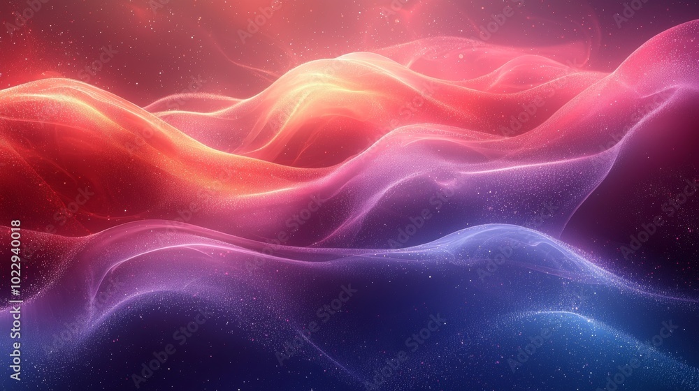 Poster Dive into a mesmerizing world of color and light with this abstract background forming a wavy shape. Glowing particles flow smoothly. Creating a dynamic design perfect for wallpapers and social media