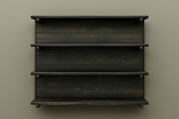 Simple black wooden shelf with four tiers mounted on a light colored wall