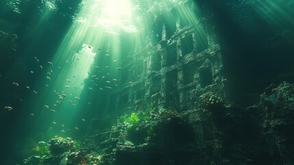 Sunbeams Illuminate Underwater Wreck