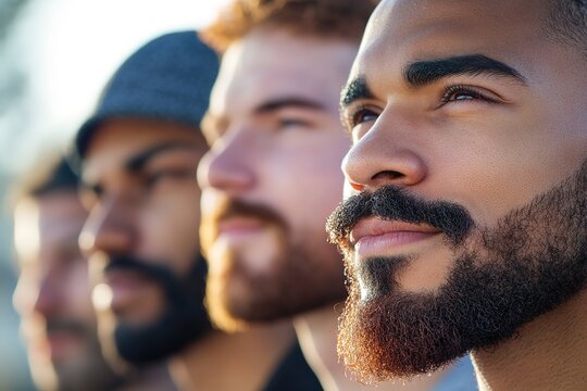 Close-up of three diverse men with beards for health awareness
