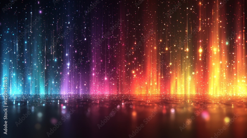 Poster abstract background with colorful sparkles falling on a reflecting surface, creating a beautiful and
