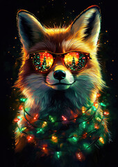 Fox Wrapped in Christmas Lights with a Glowing Cheer, Spreading Holiday Spirit