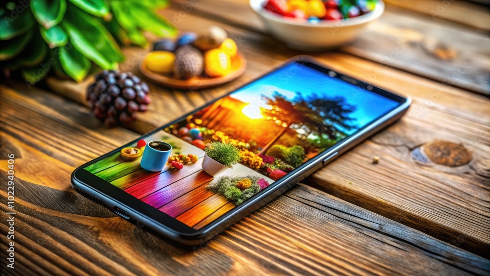 Poster modern smartphone device on wooden table with colorful applications and a blurred background scene