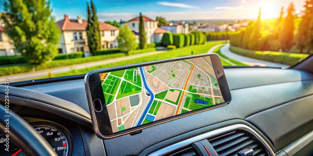 Poster modern smartphone displaying navigation app while being used in a car during a daytime drive