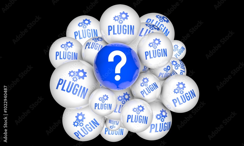 Fototapete plugin mystery: a collection of spherical objects, many labeled plugin, surround a central object be