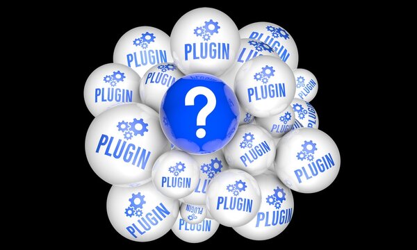 Plugin Mystery: A collection of spherical objects, many labeled PLUGIN, surround a central object bearing a prominent question mark, hinting at a puzzle or solution involving digital add-ons.