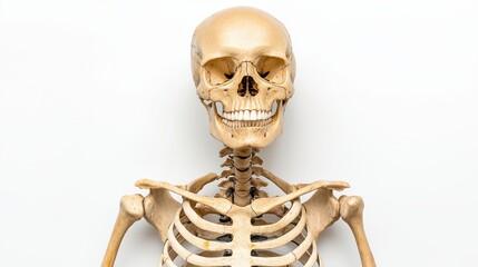 Isolated skeleton displayed on a clean white background with labeled bones for educational purposes