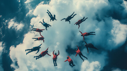 Group of skydivers forming a circle, seen from above, with clouds in the background
