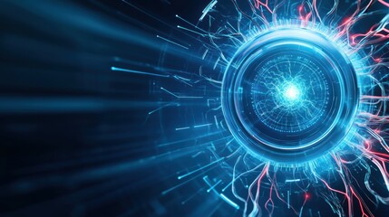 Futuristic digital design featuring a glowing blue core with rays of light and abstract energy patterns, ideal for technology themes.
