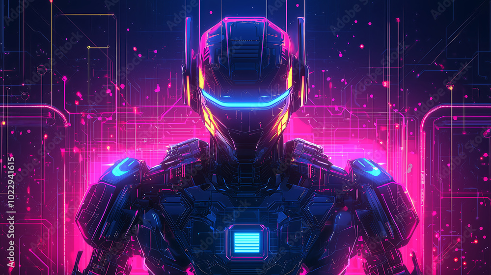 Poster futuristic robot with glowing neon elements in a high tech digital design