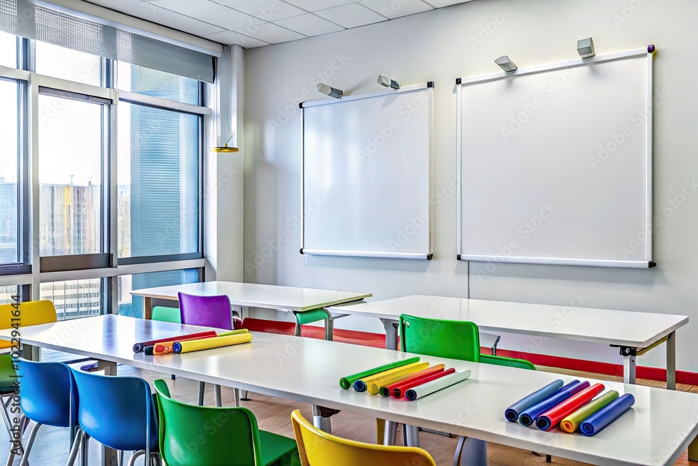 Poster modern whiteboards for classroom use with colorful markers and clean surface for effective learning