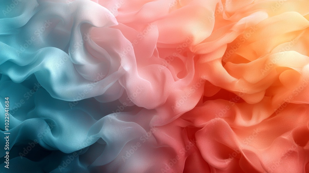 Poster Smooth elegant chiffon fabric forming an abstract background with flowing folds of textile. Gradient color effect is used, transitioning from blue to red
