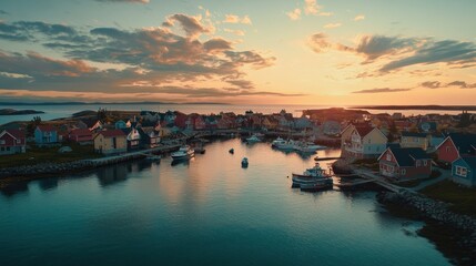 Fototapeta premium Picturesque Coastal Town at Sunset with Boats Docked in Harbor