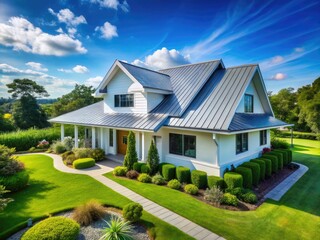 Modern White House Featuring a Durable Metal Roof Surrounded by Lush Green Landscaping and Blue Sky