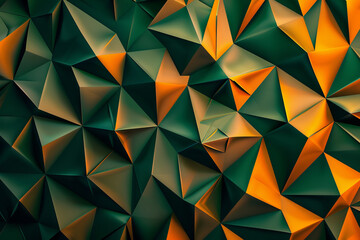 Fototapeta premium Backdrop with contemporary abstract design featuring layered orange and green triangles and geometric shapes. Modern geometry background. front view. Digital 3D render. wallpaper with texture.