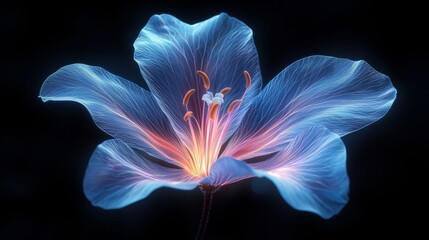 Naklejka premium Stunning blue flower blooms against a black background, glowing lines highlight its delicate petals and pistils, creating a mesmerizing effect. Perfect for a captivating wallpaper