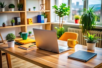 Fototapeta premium Modern workspace with a laptop and folder on a wooden desk, showcasing productivity and organization