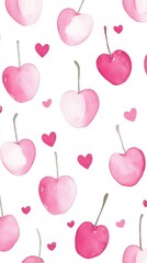 Watercolor seamless pattern featuring pink cherries and hearts on a white background, ideal for romantic designs, valentine's day projects, and feminine concepts