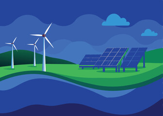 Design a vector featuring a concept of renewable energy with windmills and solar panels in a landscape setting.