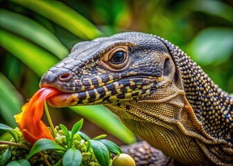 Obraz premium Monitor Lizard Enjoying a Meal in Its Natural Habitat Captured Close-Up for Nature Photography