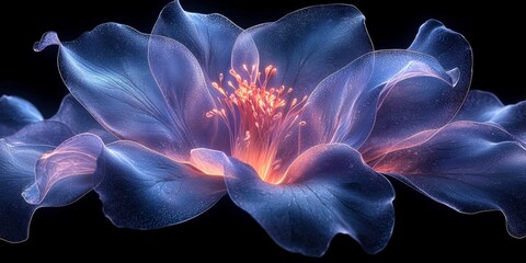 Obraz premium Blue flower blooming in the dark, with light coming from its petals and pistil, creating a magical atmosphere. The image transmits beauty, delicacy, and elegance