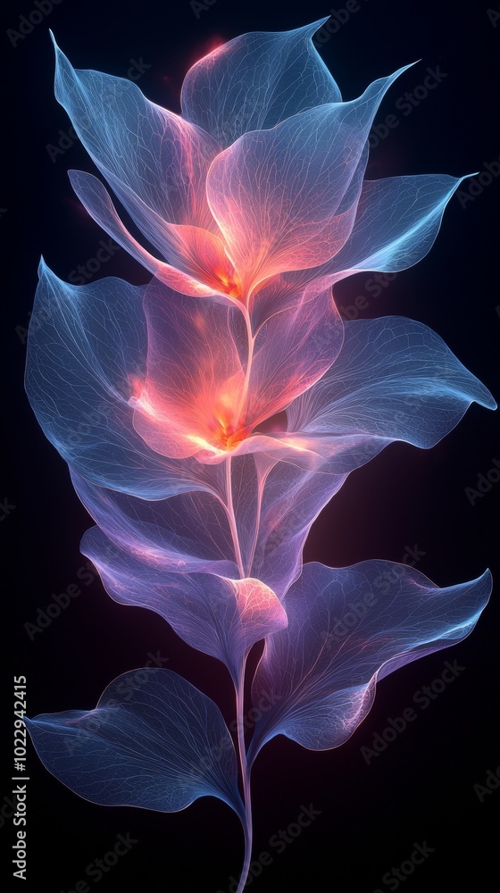 Poster luminous flower with delicate veins is glowing on a black background, creating a captivating contras