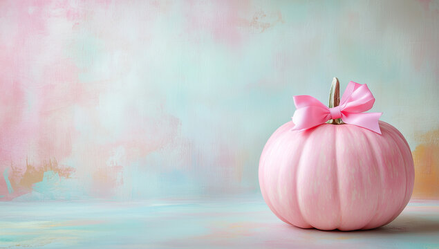 A photo of a pink pumpkin with a bow on a pastel background