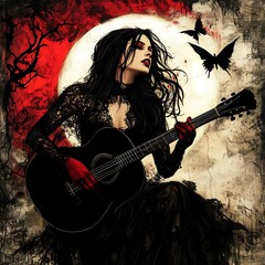 Woman in Black Plays Guitar Under Red Moon.
