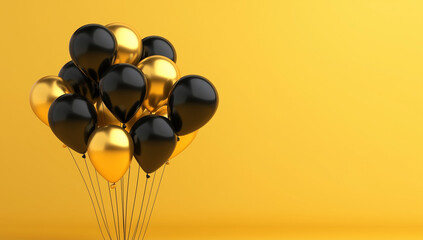 3D realistic black and gold balloons, yellow background, birthday banner with copy space for text