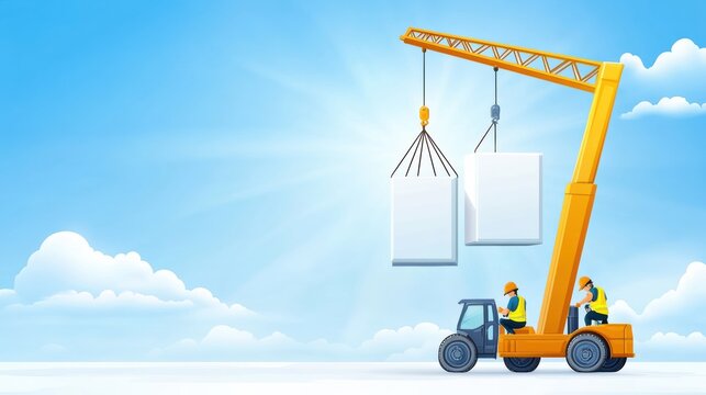 Workers operate a crane lifting heavy sheets against a bright blue sky with fluffy clouds, showcasing teamwork in construction.