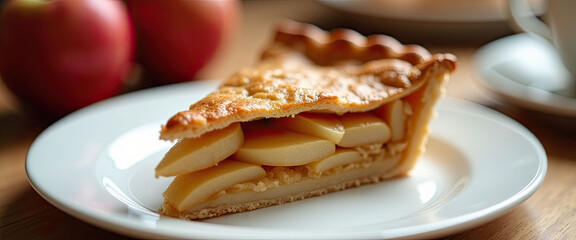 A steaming slice of pie I blocks with a golden crust on a white plate stands on the table