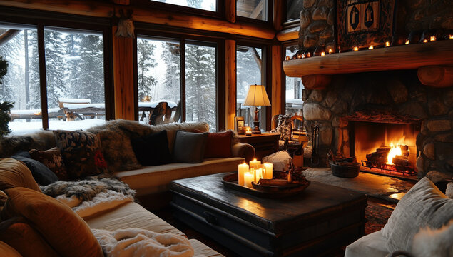 A cozy living room with wooden walls, large windows overlooking the snowy landscape outside and a fireplace lit with firewood stacked neatly on either side.