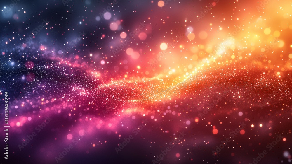 Poster abstract background with glittering particles and bokeh lights creating a festive mood with its colo