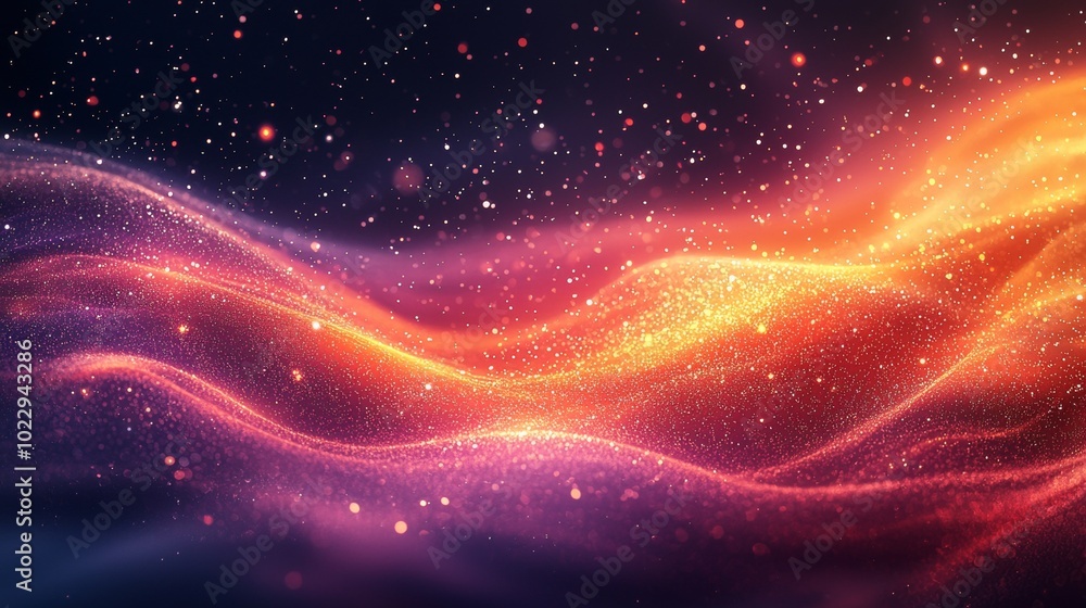 Poster abstract background with golden particles flowing and forming wavy shapes, suitable for technology, 