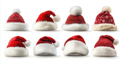 a collection of isolated santa claus christmas hats in various designs placed against a clean white background highlighting festive themes and holiday spirit