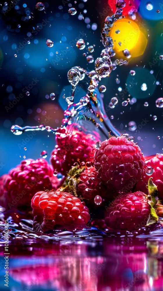 Poster a close up of a bunch of raspberries with water splashing around them