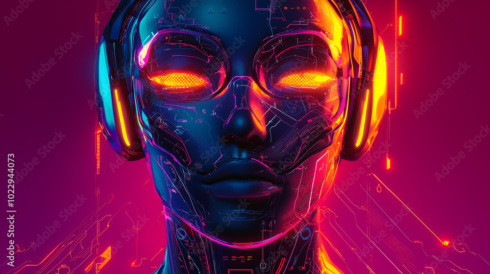 Poster futuristic robot with abstract neon circuitry and glowing eyes in high tech design