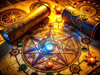 Fototapeta premium Mystical Alchemical Symbols and Elements on Ancient Scrolls for Transformative Art and Science
