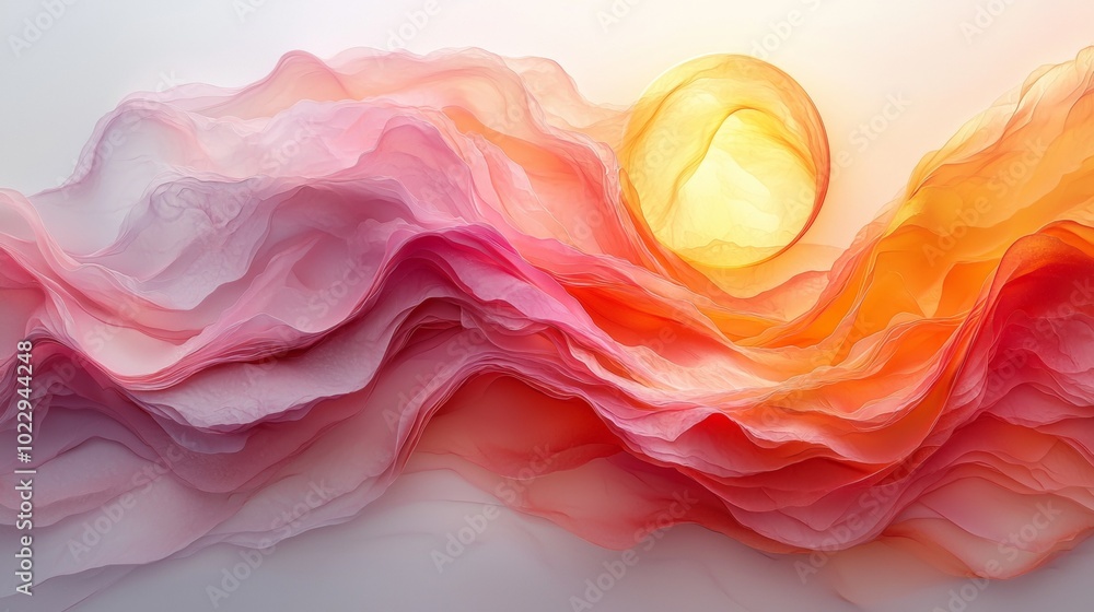 Poster abstract background in pink and orange colors forming gentle waves and illuminated by a bright sun. 