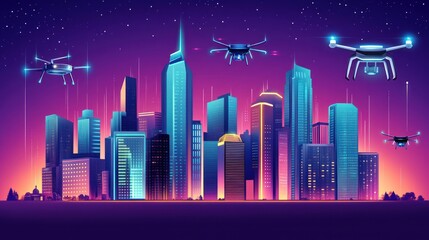 A futuristic city skyline with drones flying above, showcasing technology and urban life.