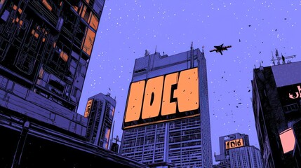 Obraz premium Futuristic cityscape with towering buildings and a large illuminated sign against a purple sky.