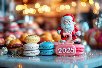 Obraz premium 2025 new year celebration background with colorful macarons and Santa Claus figure in shape on table, blurred bakery shop interior in background. New Year concept